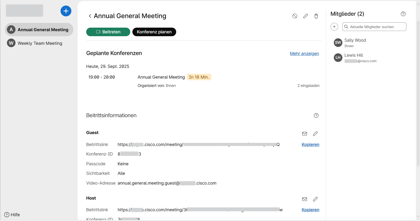 Seite zum Beitreten zu Meetings in einem Bereich mit Meeting-ID, Meeting-Link und weiteren Beitrittsinformationen